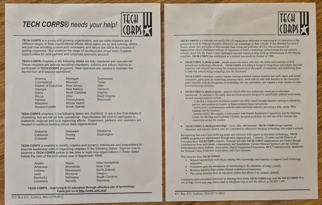 TECH CORPS "Needs your Help!" A4 Mailout