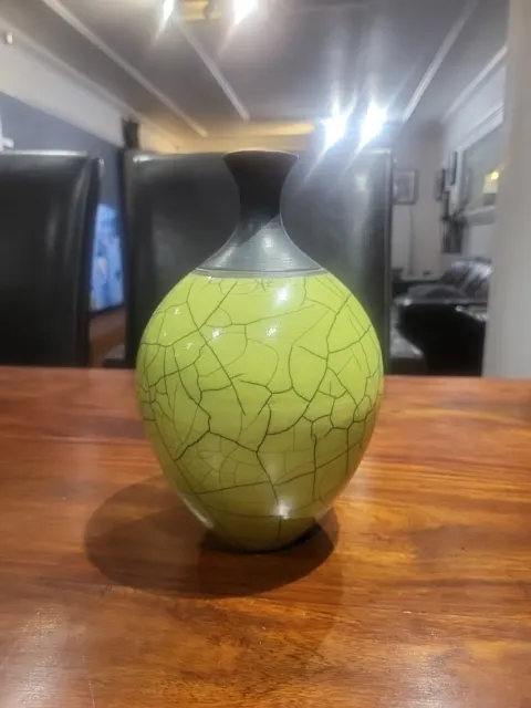 Unknown Signed Studio Pottery Lime Crackle Glaze Raku Fired 8.5/8" Vase