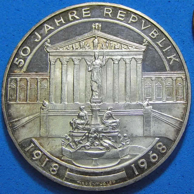 Austria 50 Schilling .900 Silver Coin, 1968 PROOF, Republic Anniversary, 34 mm