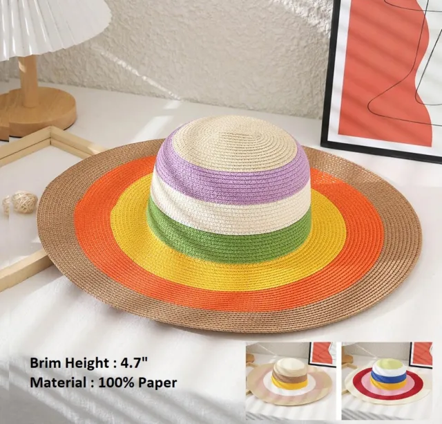 Wide Brim Floppy Summer Sun Beach Hat Vacation Straw Fedora Bucket Striped
