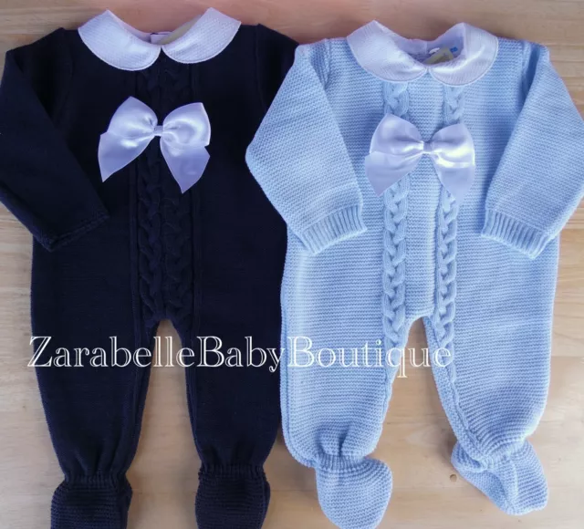 Baby Boy Knitted Romper Smart Outfit Sky Blue Navy Cable Detail Bow Footed 0 3 6