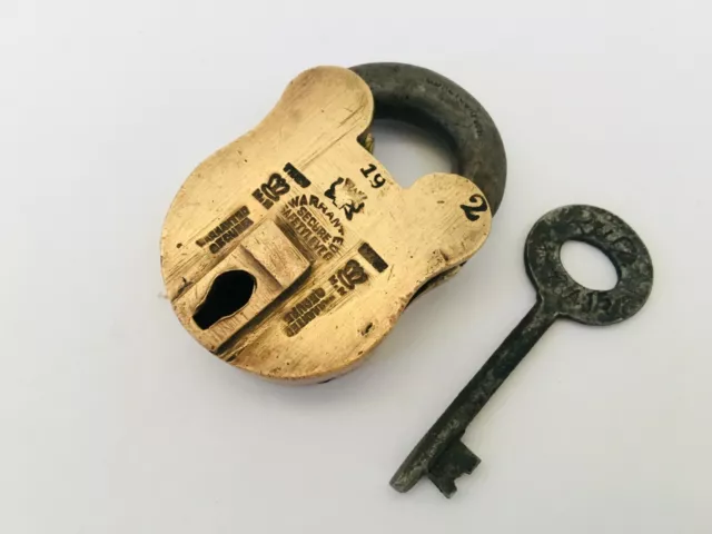 old solid brass padlock or lock with key nice shape and marking Collectible