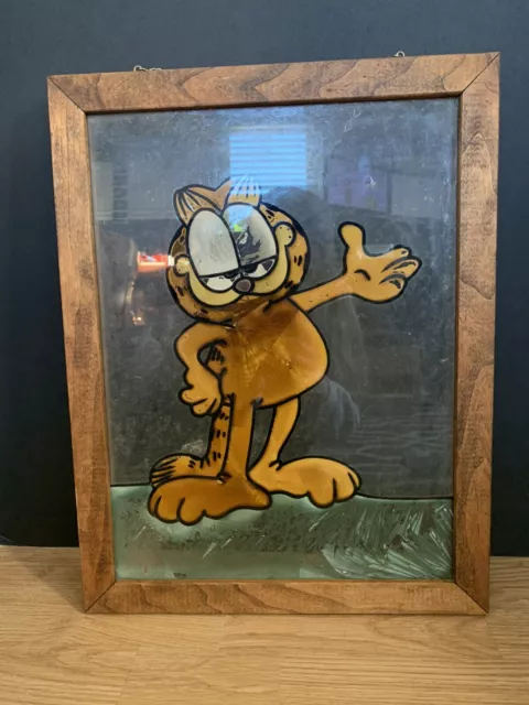 Vtg Garfield Stained Glass Wood Framed Suncatcher Wall Art Cat Decoration