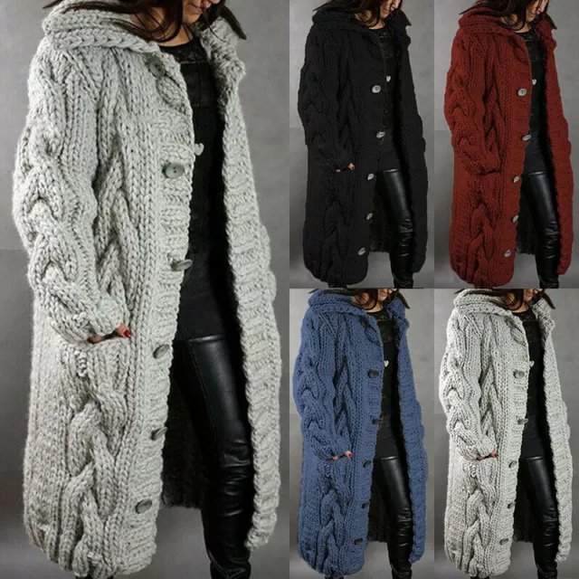 Womens Hooded Chunky Long Knitted Cardigan Winter Coat Oversize Sweater Tops