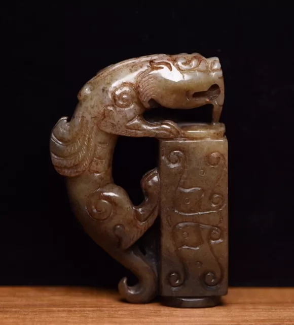 3.2"China natural hetian jade Carved fengshui sacrifice dragon seal Stamp signet