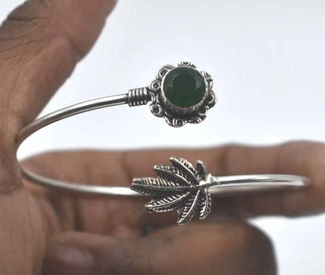 925 Argent Sterling Rond Forme Vert Émeraude Gemme Bijoux Manchette Bracelet