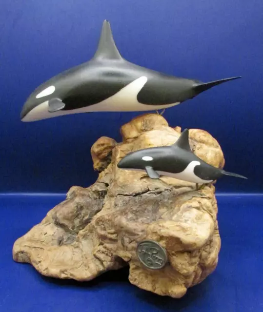 Vintage John Perry Orca Whale Sculpture Mother & Calf Killer Whales On Wood Burl