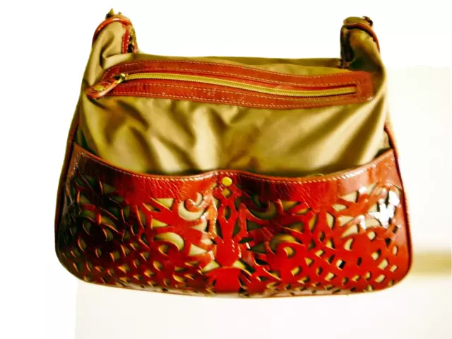 SONDRA ROBERTS Crossbody Shoulder Bag Brown Vegan Patent Leather & Khaki Nylon