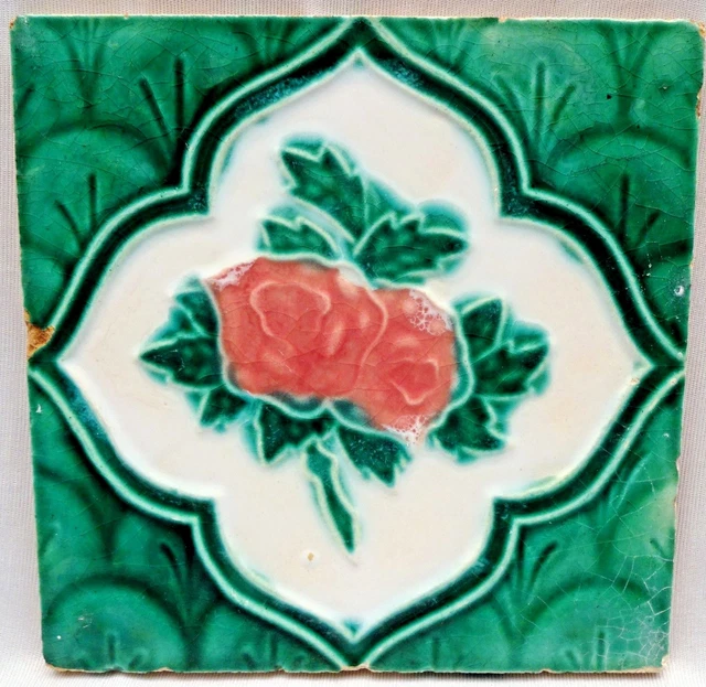 Vintage Tile Art Nouveau Majolica Rose Flower Design Old India Collectibles  # 3
