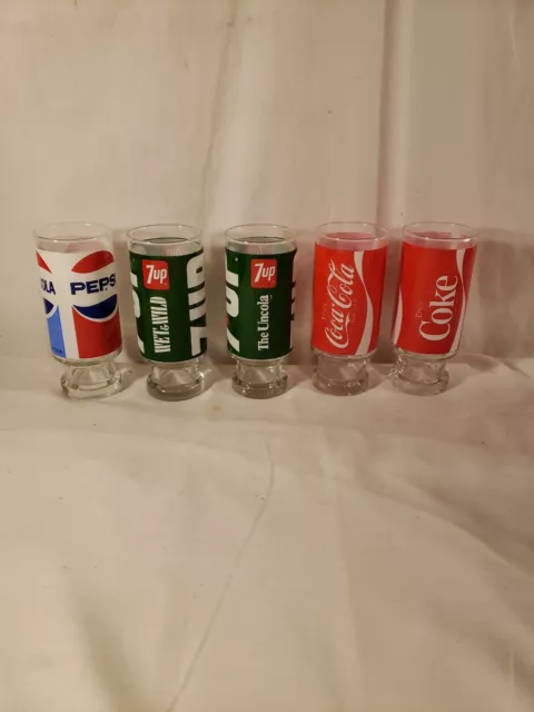 5 Vintage Footed Soda Pop Drinking Glasses, Coke, Pepsi, 7UP