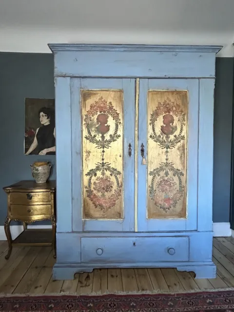 Vintage Painted Pine French Armoire/ Wardrobe With Versailles Style Panels