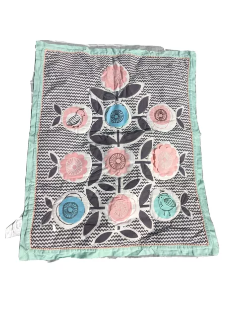 Lolli Flowers Sparrow Baby Crib Quilt  Comforter Mint Green Zig Zag Gray Pastels
