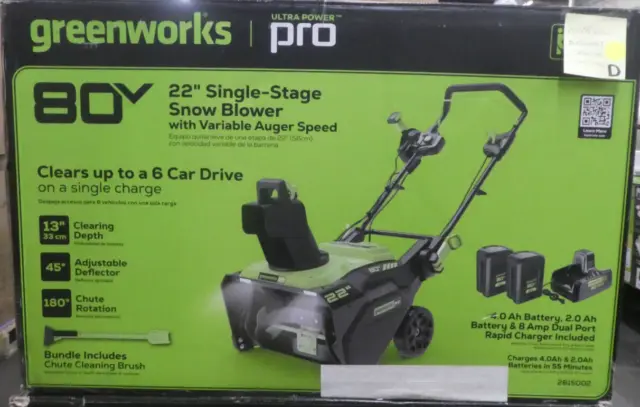 Greenworks Pro 80V 22" Single-Stage Snow Blower w/ 2 Batteries & Charger SNB403