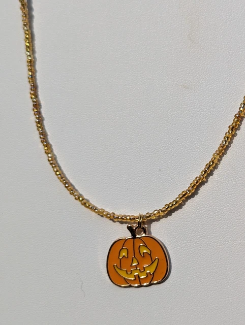 Friendly Halloween Jack-o-Lantern Charm on Beaded Necklace