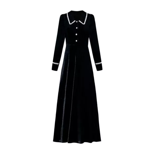 Women Japanese Velvet Midi Dress Stand Collar Stretch Party Evening Gown