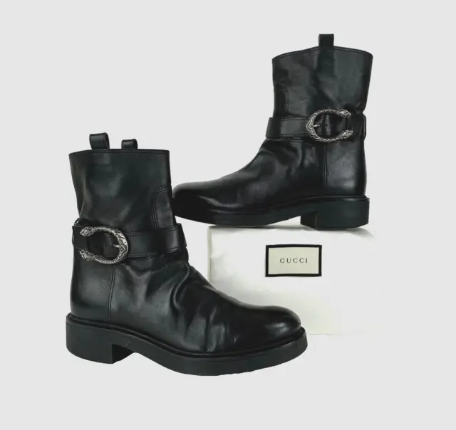 Gucci Women Auth 8 US 38 EU Black Leather Dionysus Biker Boots Shoes Buckle