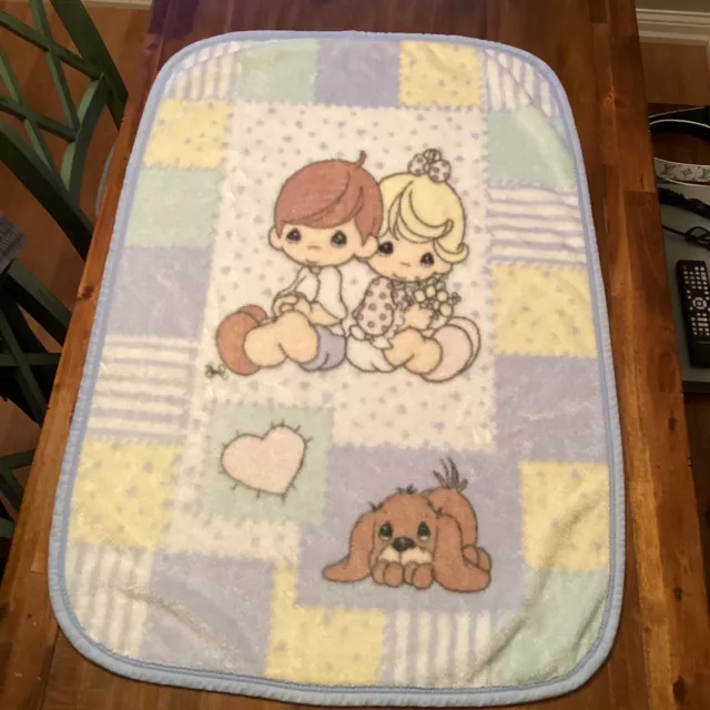 Precious Moments Vintage Baby Blanket Throw Plush Minky Boy Girl Puppy Heart