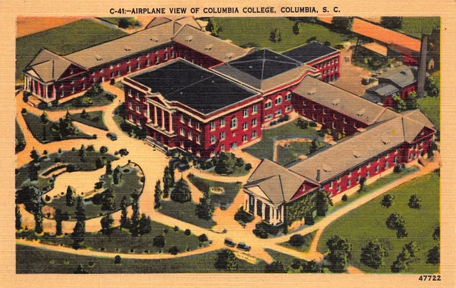 Vtg POSTCARD COLUMBIA COLLEGE SOUTH CAROLINA SC Airplane Birds Eye View Antique