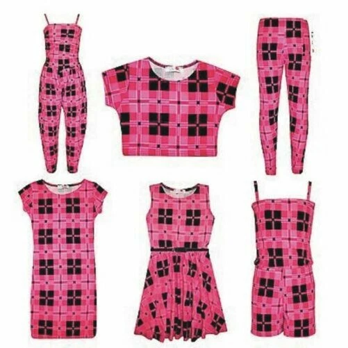 Bambine Rosa Tartan Quadri Legging Midi Skater Abito Top Corto Gonna Tuta