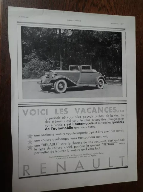 RENAULT automobile 165 + talon WOOD MILNE publicité papier ILLUSTRATION 1933