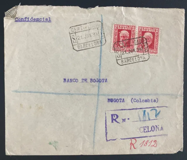 1934 Barcelona Spain Registered Cover To Bank Bogota Colombia