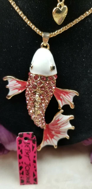 Beautiful Betsey Johnson Pink & White Enamel Fan Tail Koi Fish Pendant Necklace