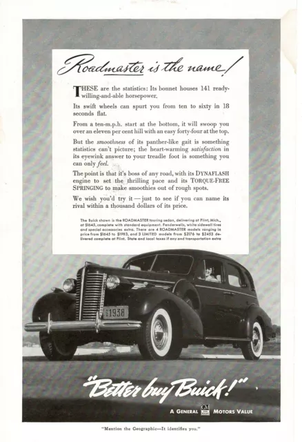 1938 BUICK Roadmaster 4-door Sedan VTG PRINT AD
