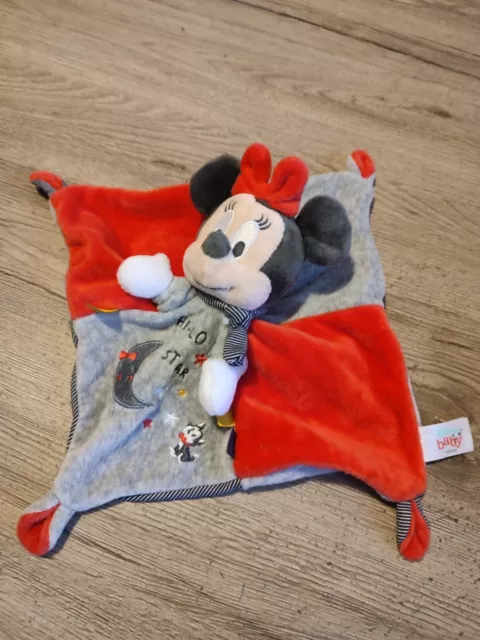 Doudou plat Minnie rouge gris noir raye hello star lune chat disney baby