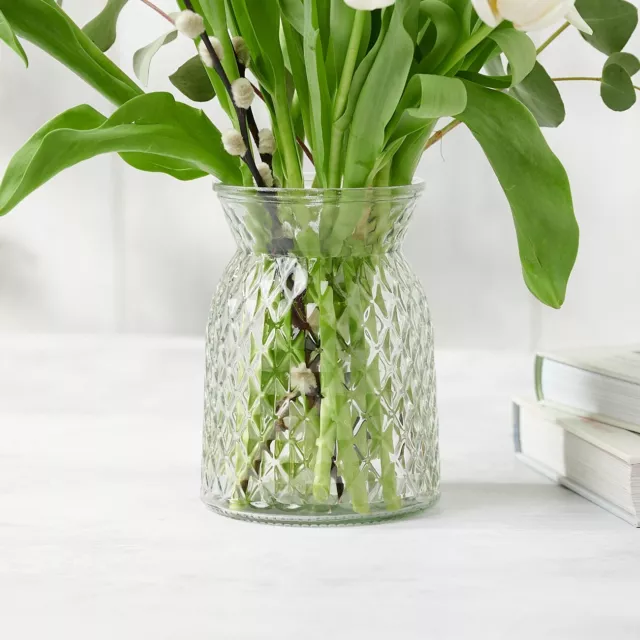 Tall 16cm Waisted Textured Diamond Clear Glass Flower Bud Vase UK Florist