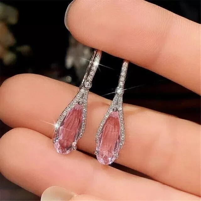 2.50Ct Pear Lab Created Pink Sapphire Drop/Dangle Earrings 14K White Gold Plated