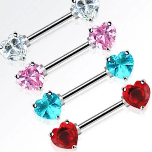 Nipple Rings Double Heart Gem Shields Barbells 14G 1/2" 4 Colors Pair