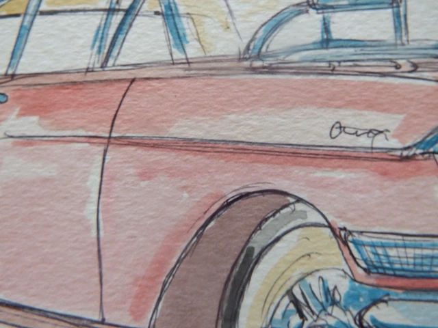 ORIGINAL A4 WATERCOLOUR Painting of a Vintage Classic Car Pink Cadillac ...
