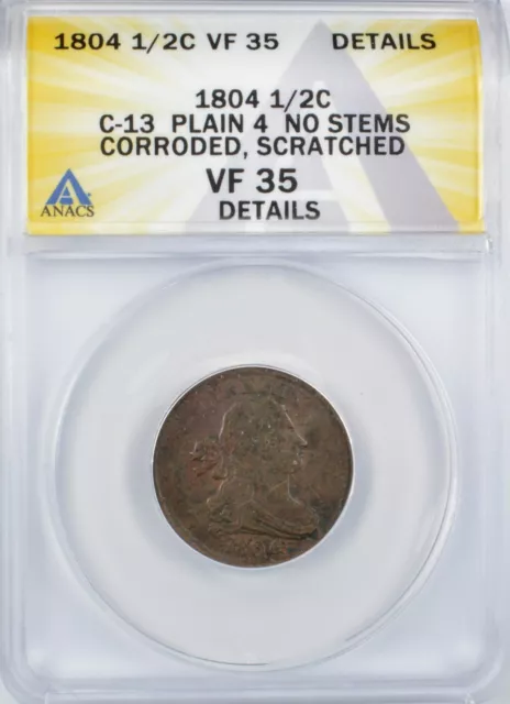 1804 Draped Bust Half Cent 1/2c - Plain 4, No Stems - ANACS VF35 Details