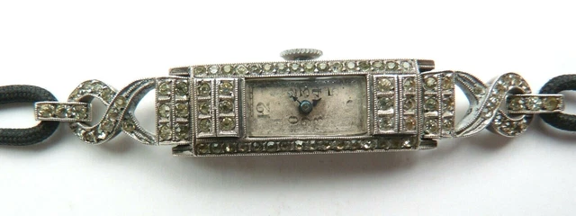MONTRE BRACELET FEMME ARGENT massif + strass ART DECO mécanique silver