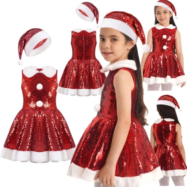 Kids Girls Christmas Santa Claus Costume Princess Tutu Dress with Hat Outfit Set