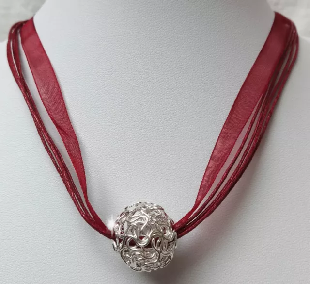 Silber Perle Halskette Kette Organza Kugel Drahtkugel Schmuck Weinrot Dunkel Rot