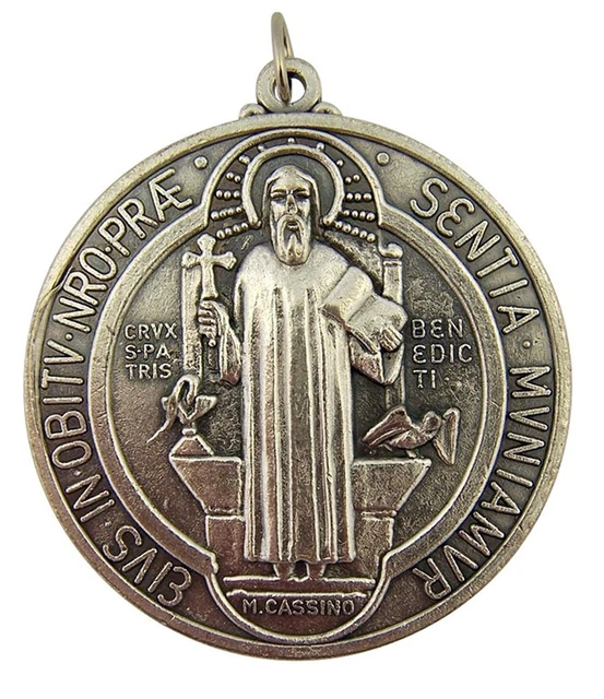 Silver Tone Saint Benedict of Nursia Evil Protection Medal Pendant, 2 Inch