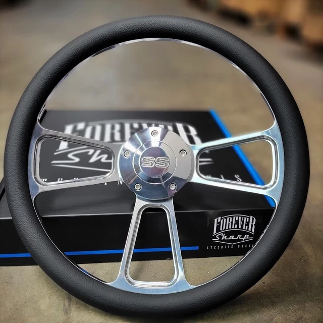 14" Billet Steering Wheel Chevy - Black Vinyl Wrap + SS Supersport Horn Button