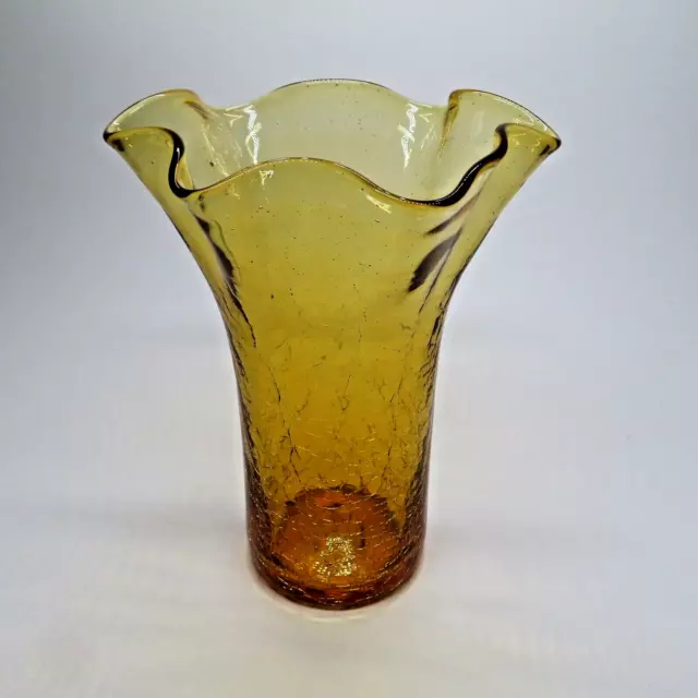 Vintage Hand Blown Amber Crackle Glass Vase with Ruffle Top 7"