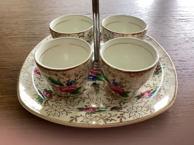 Vintage midwinter style craft 4 egg cups and holder