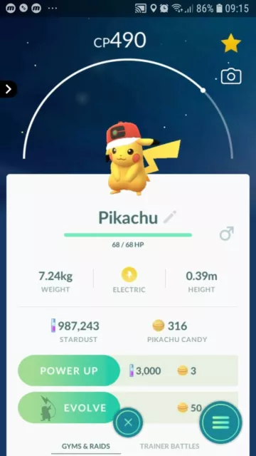 Pikachu ( World Cap Hat ) Pokemon Trade Go