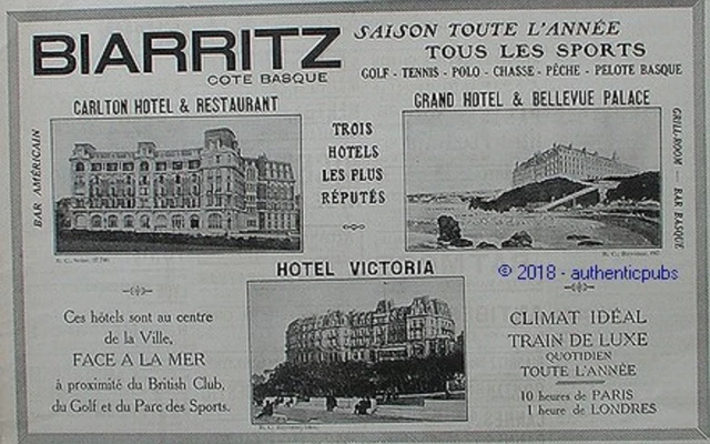 Publicite Biarritz Hotel Carlton Victoria Grand Hotel Bellevue Palace De 1924 Ad