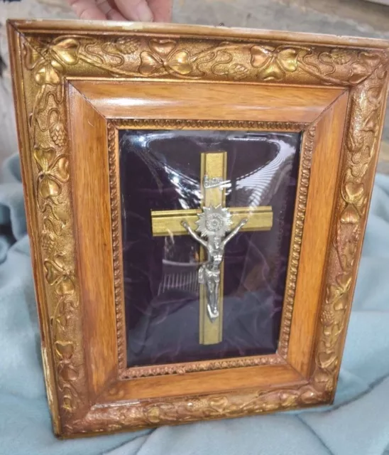 Antique Wall Plaque  Crucifix on Velvet under Convex Glass Wood Art Frame