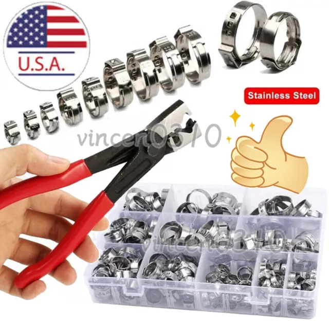 130PCS Single Ear Stepless Hose Clamps 304 Stainless Steel Ear Hose Clamps Plier