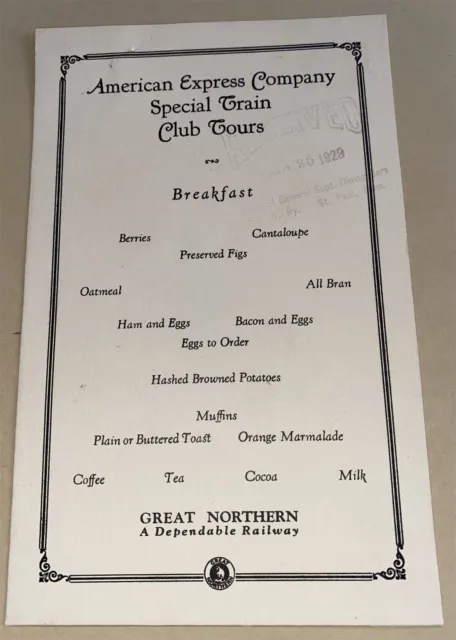 1929 Great Northern Railroad American Express Co Special Train Dining Car Menu