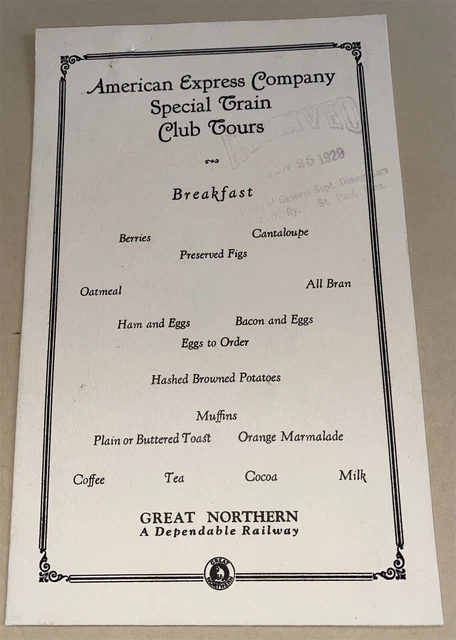 1929 Great Northern Railroad American Express Co Special Train Dining Car Menu