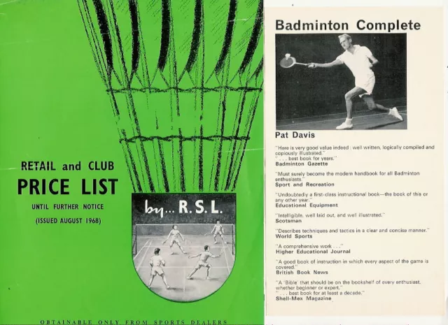 Rsl Badminton Shuttlecock Price List August 1968 & Pat Davis Book Leaflet