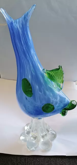 Glass Fish Vase Vintage Blue/Green Murano Style Jumping Fish (760)