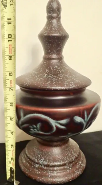 MCM brown glazed Pottery Urn with blue swirls- lid & bottom are speckled 12"