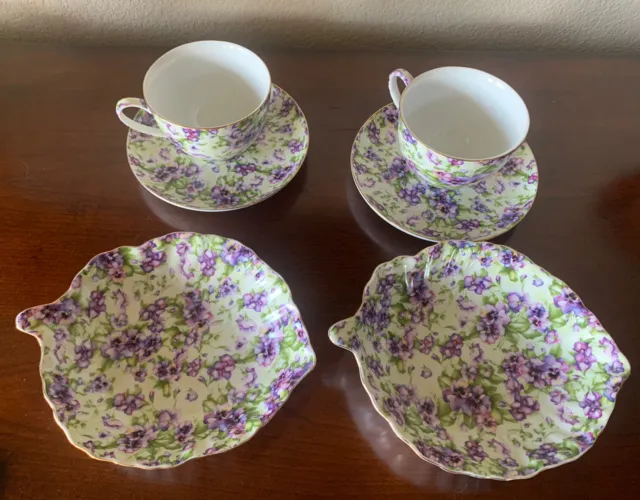 Royal Danube Gold Trim Purple Pansy Flower 2 Tea Cups/Saucers, 2 Serving Plates